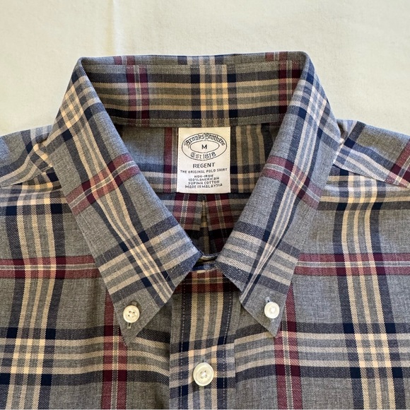 Brooks Brothers Men’s M Regent Fit Non-Iron Plaid Shirt Grey Red Blue - Picture 4 of 6